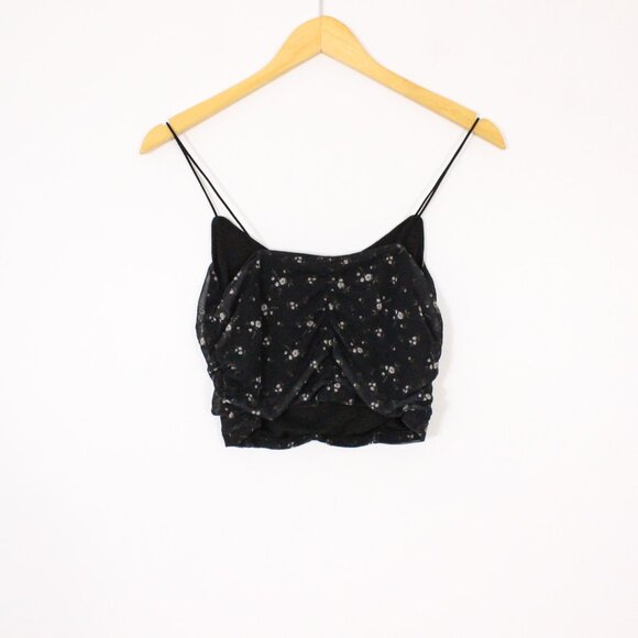 Garage Rouched Floral Black Thin Strap Cropped Tank - Picture 6 of 7